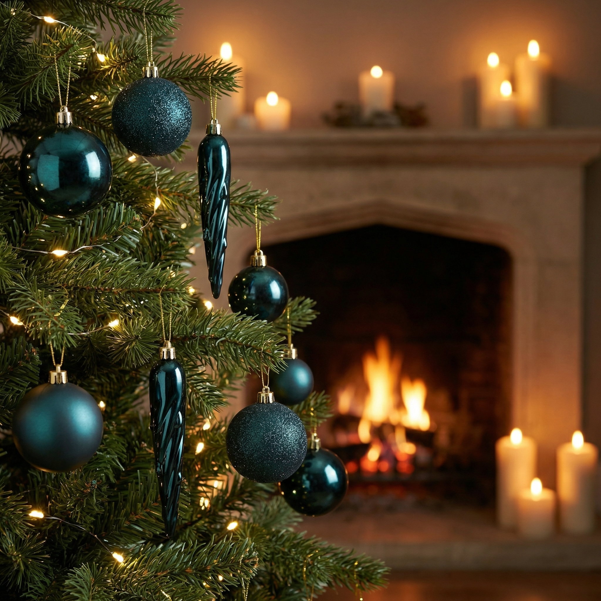 33teilige Christbaumkollektion bestehend aus Kugeln in matt, glänzend und glitzernd, so wie glänzenden Zapfen-Anhängern in Smaragd-Tönen mit einem Durchmesser von 8 cm und inklusive einer Christbaumspitze mit 19 cm, platziert am Baum