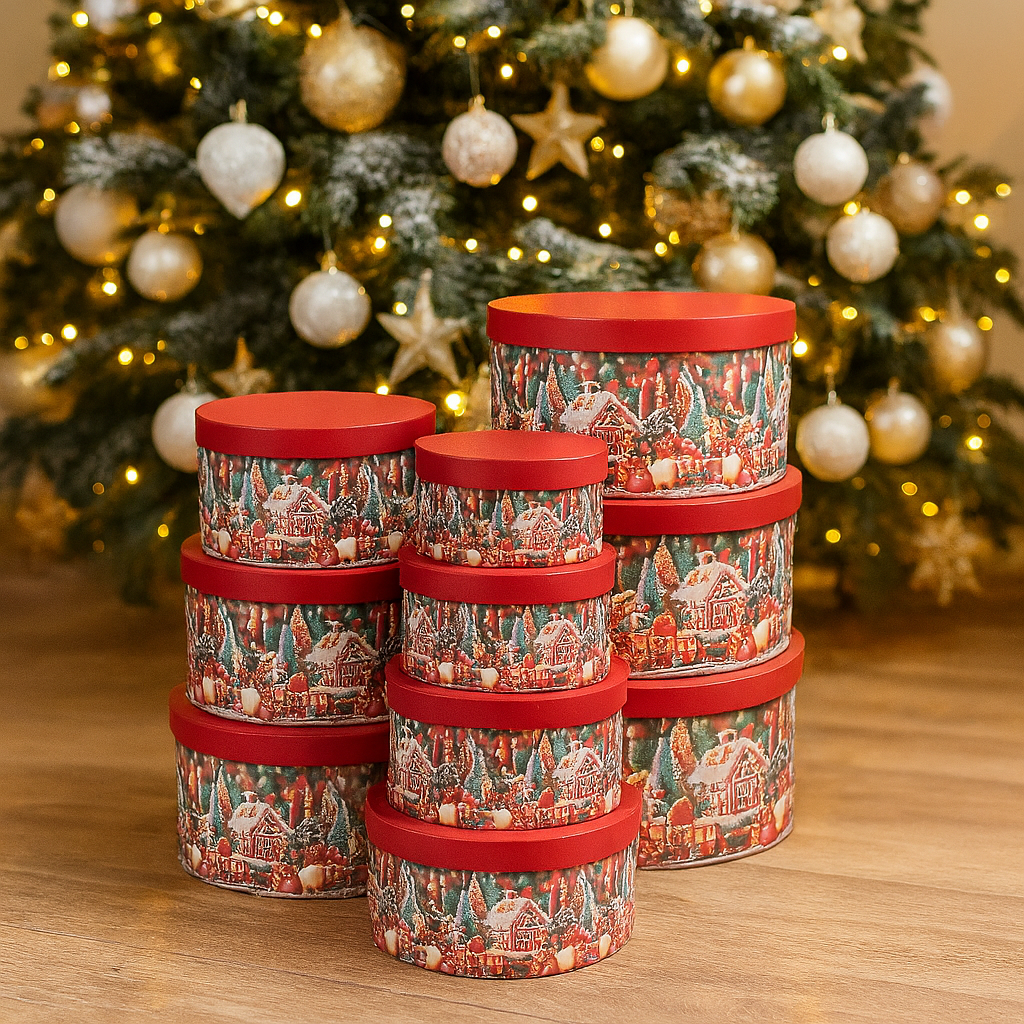 10-teiliges rundes Boxen-Set in Rot mit weihnachtlichem Design, verschiedene Größen, platziert vor einem Tannenbaum