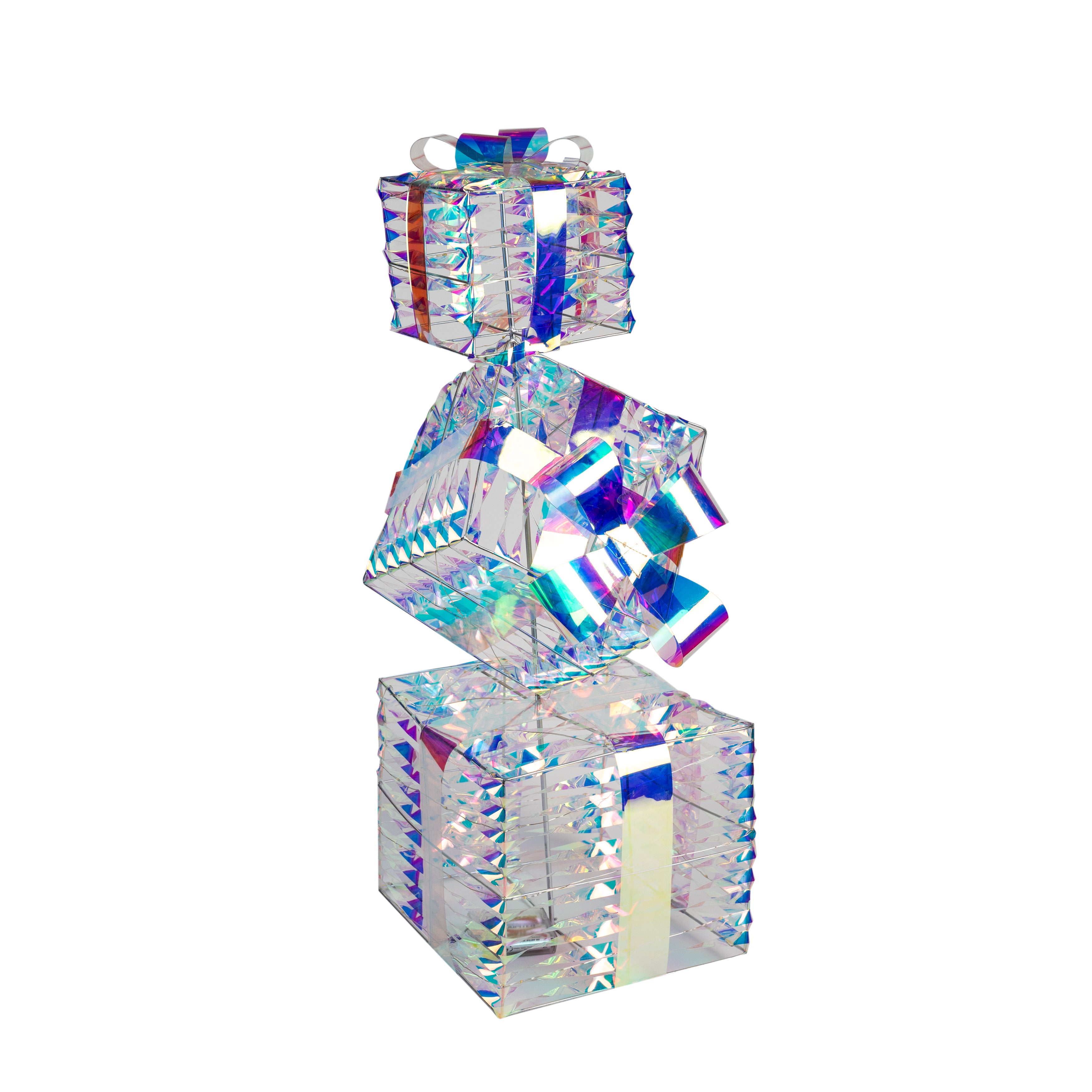 Deko Geschenketurm mit bunten Lichtern mit mehreren holografischen Farben und einer Größe von 25 x 75 cm