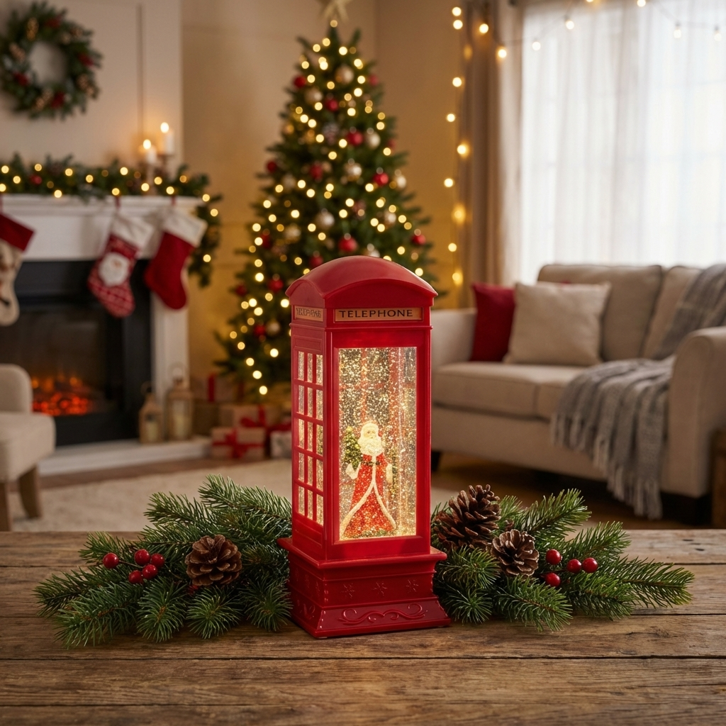 Winterzauber Telefonzelle in Rot mit Schneeeffekt und einem stehenden Weihnachtsmann in dieser, Größe 11 x 11 x 27 cm, auf dem Tisch platziert