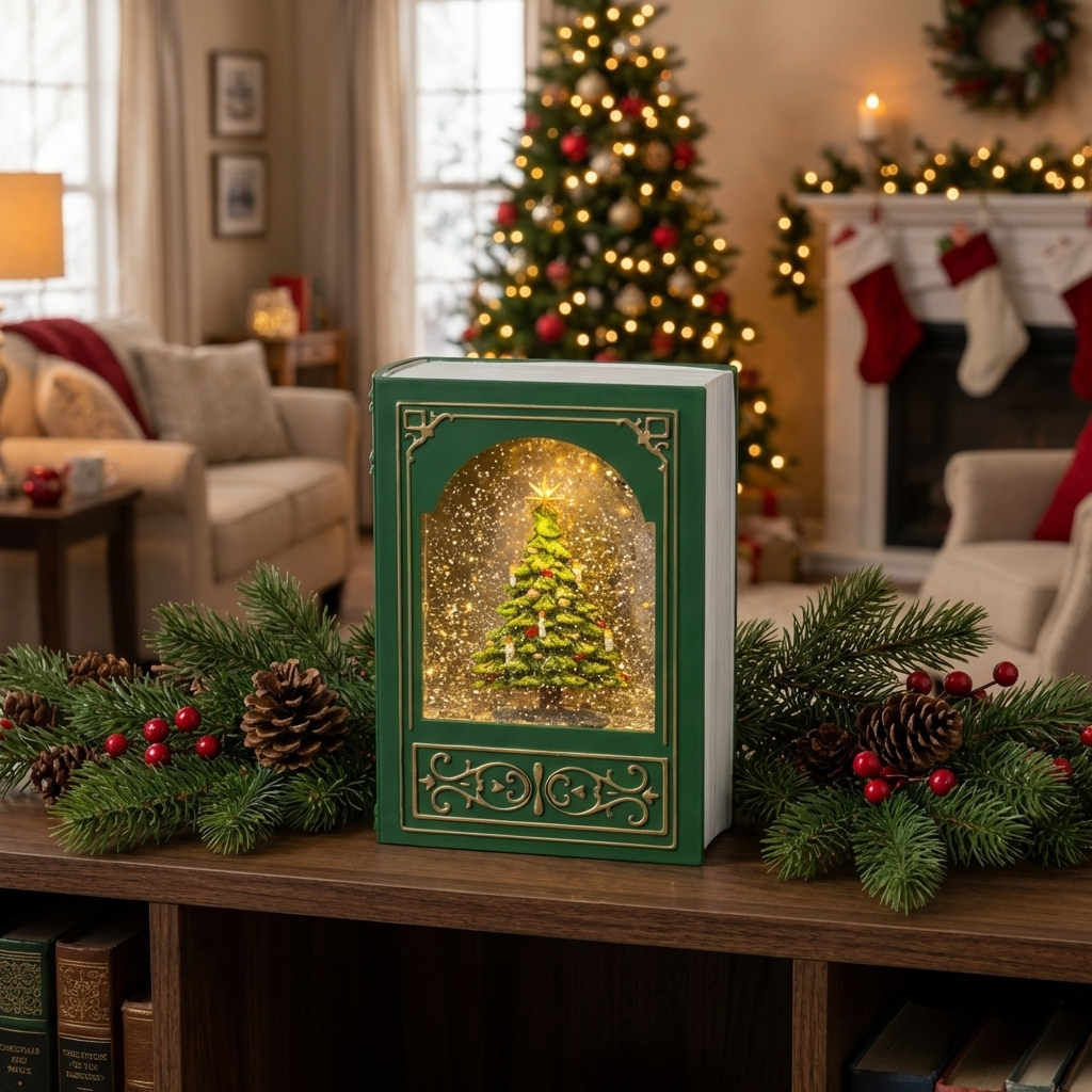 Weihnachtliches Dekobuch in Grün mit einem Schneeeffekt und LED, Größe 7 x 17 x 23,5 cm, auf dem Bücherregal platziert