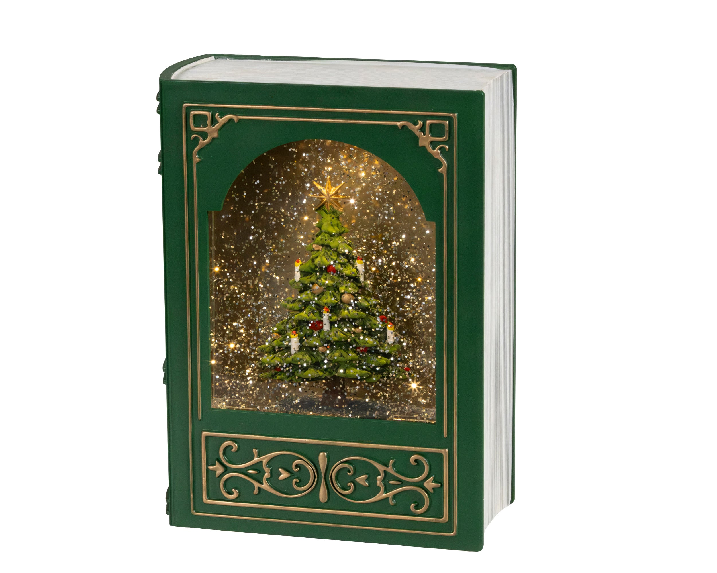 Weihnachtliches Dekobuch in Grün mit einem Schneeeffekt und LED, Größe 7 x 17 x 23,5 cm