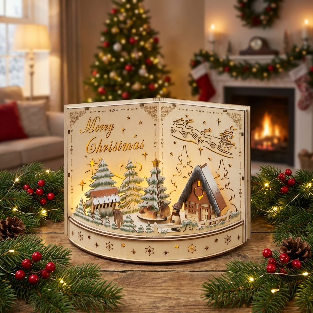 Zauberhafte Weihnachtswelt mit LED aus Holz, in verschiedenen Tönen, Größe 14,5 x 30 x 22 cm, auf dem Tisch platziert