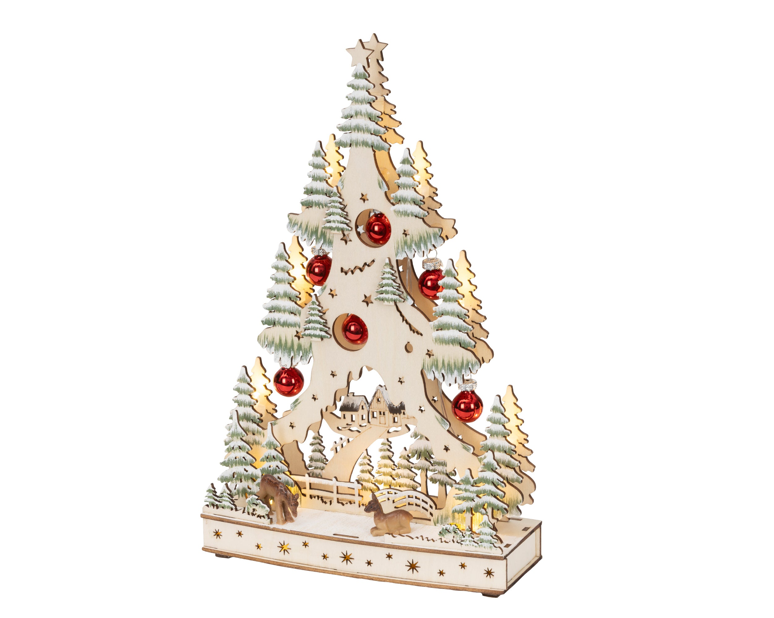 Deko-Weihnachtsbaum “Lichterfest” mit LED aus Holz und mit roten Kugeln, mehrere Farben, Größe 7,5 x 20 x 33,5 cm
