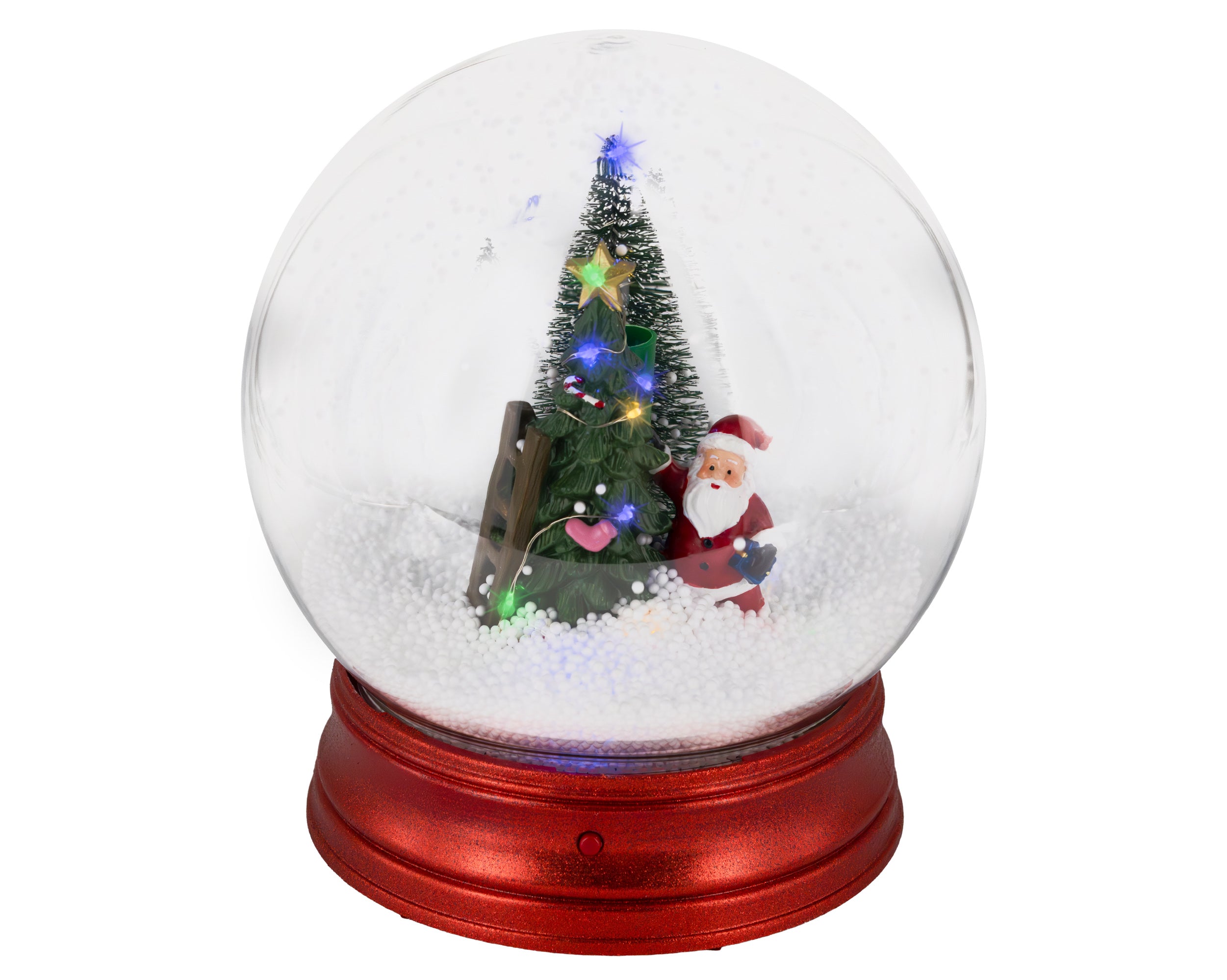 Weihnachtskugel mit LED und Schneeeffekt in der Farbe rot und in der Kugel sind ein Weihnachtsmann und ein Tannenbaum mit einer Leiter, Größe 22,5 x 20,5 cm