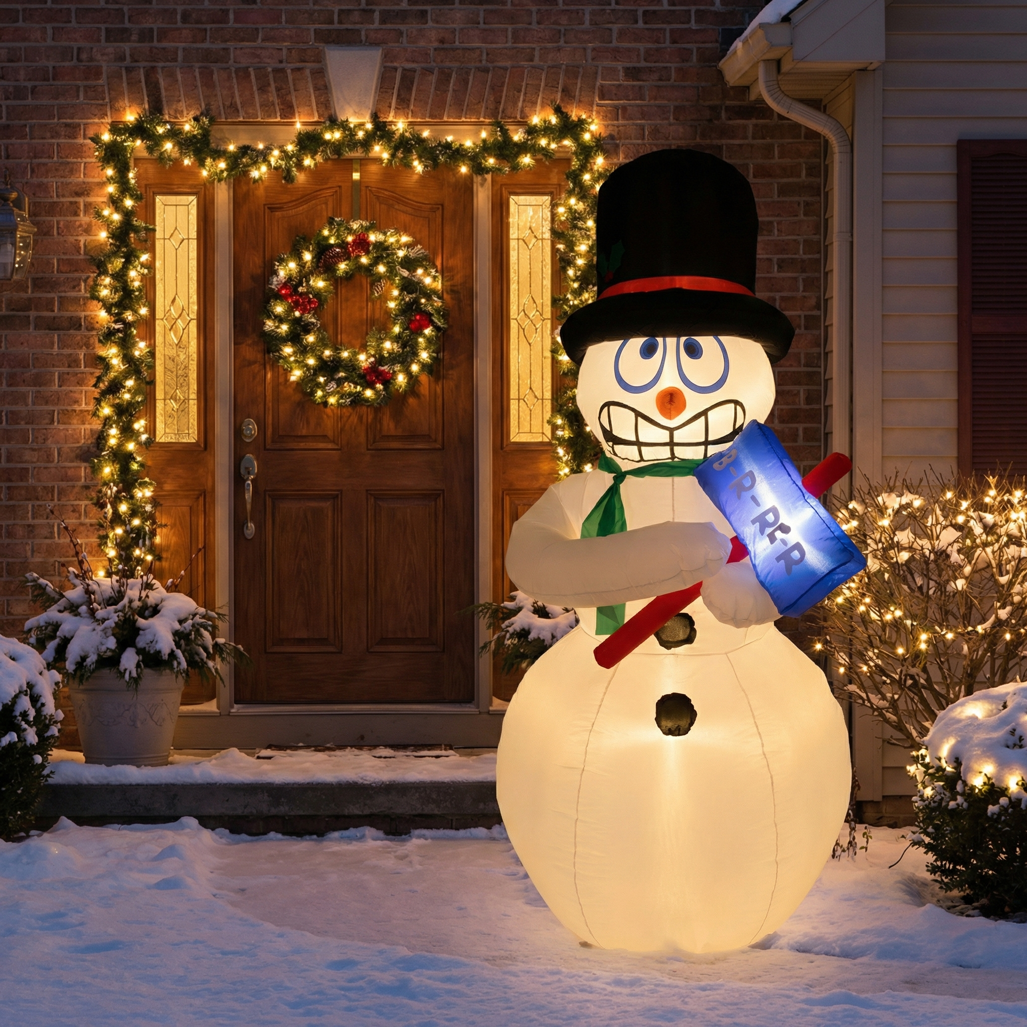 Aufblasbarer Schneemann mit LEDs, für den Outdoor Gebrauch, weißer Schneemann mit schwarzem Hut und grünem Schal, Größe 70 x 80 x 175 cm, draußen vor dem Haus platziert