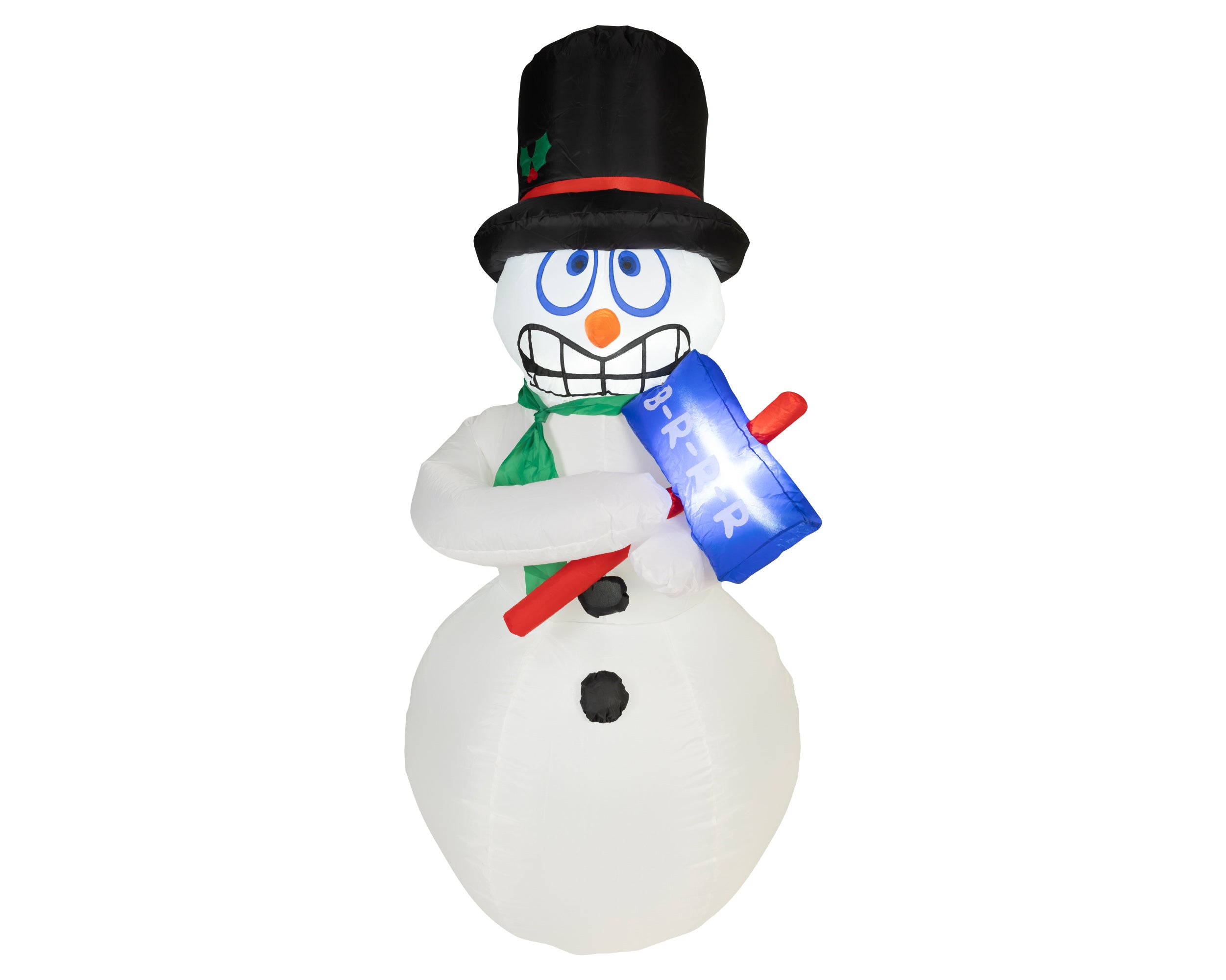 Aufblasbarer Schneemann mit LEDs, für den Outdoor Gebrauch, weißer Schneemann mit schwarzem Hut und grünem Schal, Größe 70 x 80 x 175 cm