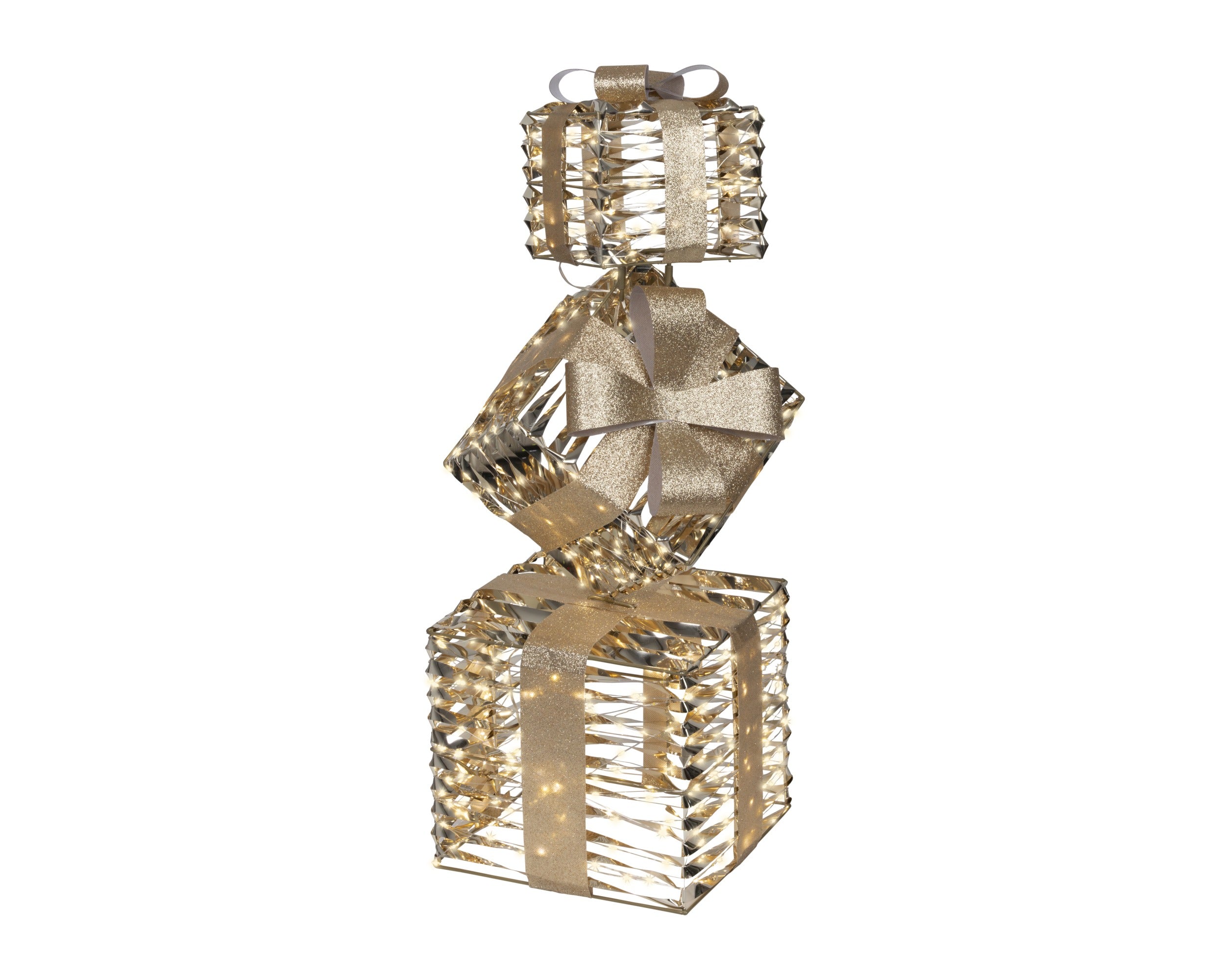 Deko Geschenketurm mit LED, in goldenem Ton, für Outdoor geeignet, Größe 25 x 25 x 73 cm