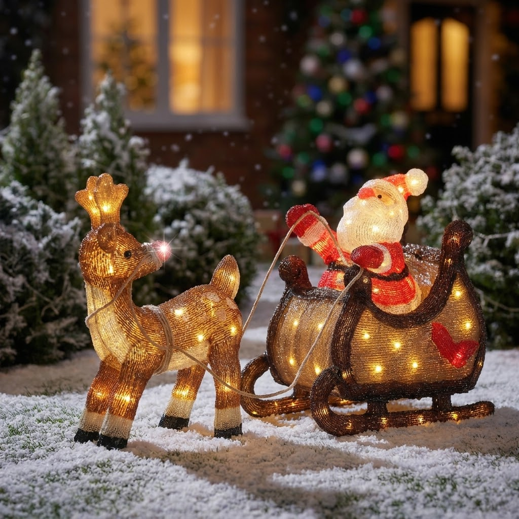 LED Deko Figur Zauberhafte Schlittenfahrt, Weihnachtsmann im Schlitten und Rudolf dem Rentier, alles in Braun-Tönen, sowie rot- und weißen Details, Größe 82,5 x 33 x 47 cm, platziert im Vorgarten
