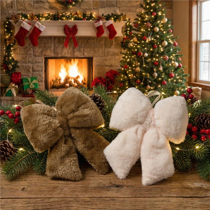 Plüschschleifen 2er Set zur Dekoration von großen Kränzen oder Weihnachtbäumen in braun und beige Größe 23cm