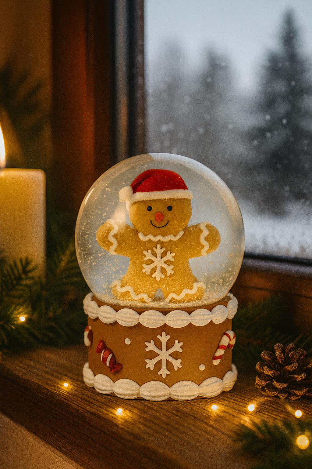 Winterzauber Schneekugel im 2er-Set, in den Farben braun, weiß und rot gestaltet, mit Kunst-Schnee in den Kugeln, in der einen Schneekugel ist ein Lebkuchenmann und in der anderen Schneekugel ist ein Lebkuchenhäuschen, auf der Fensterbank platziert