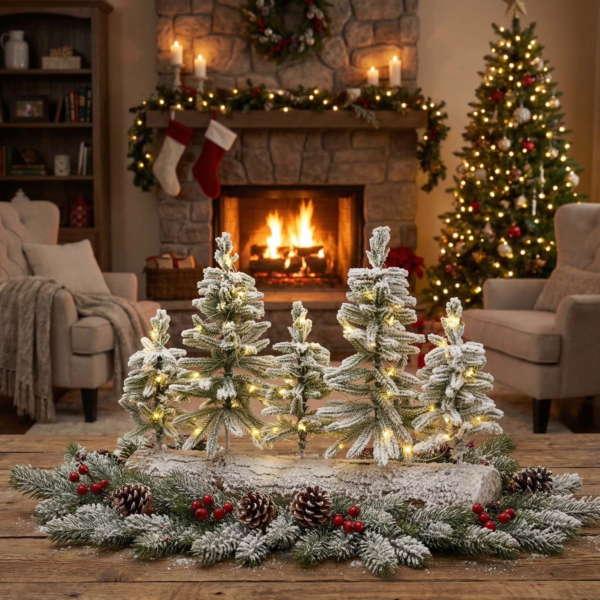 LED Weihnachtslandschaft auf Holz in der großen Ausführung mit den Maßen 50 x 12 x 30 cm auf dem Tisch platziert