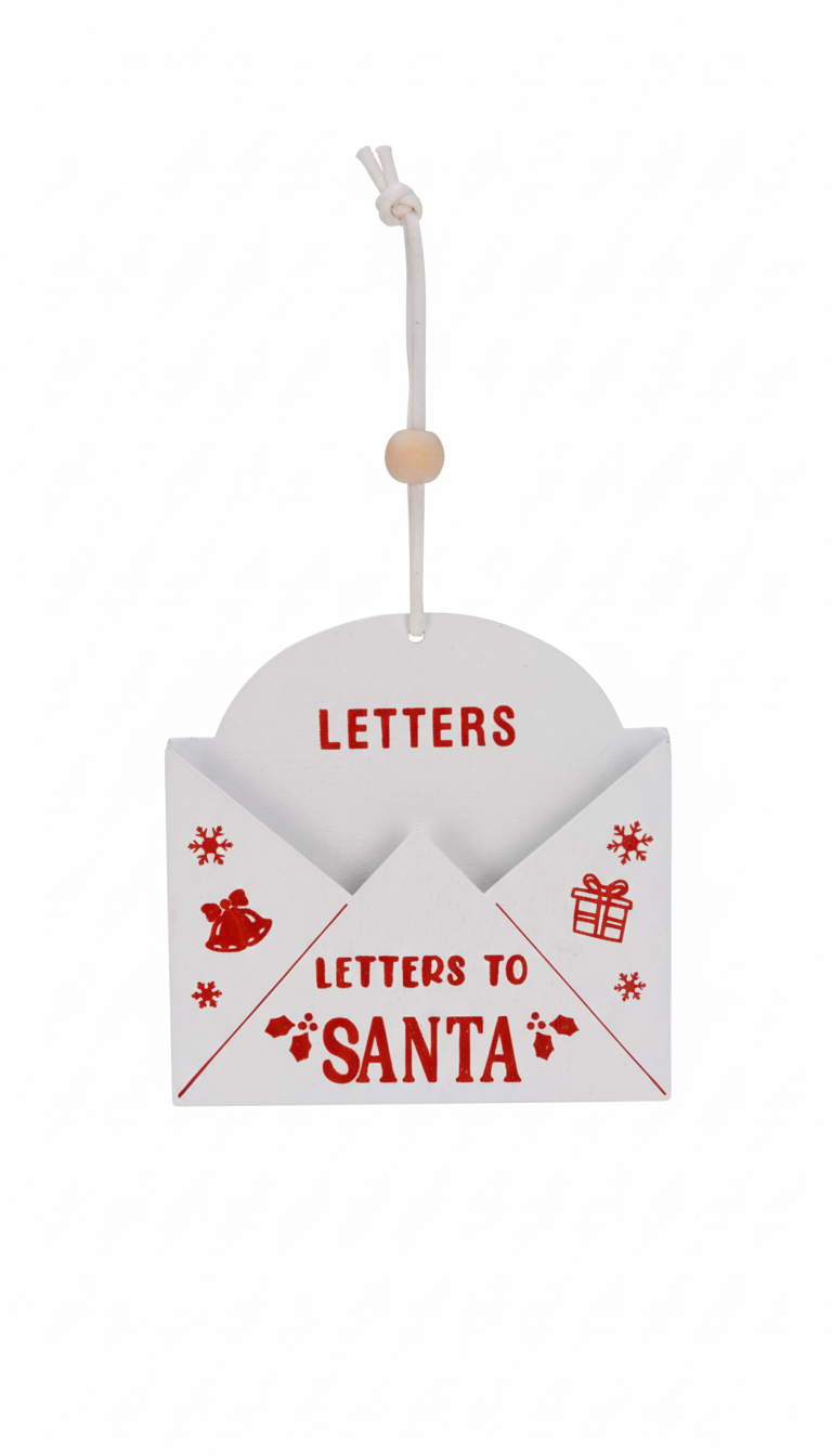 Weihnachtsbaumanhänger Briefumschlag in weiß mit roter Schrift