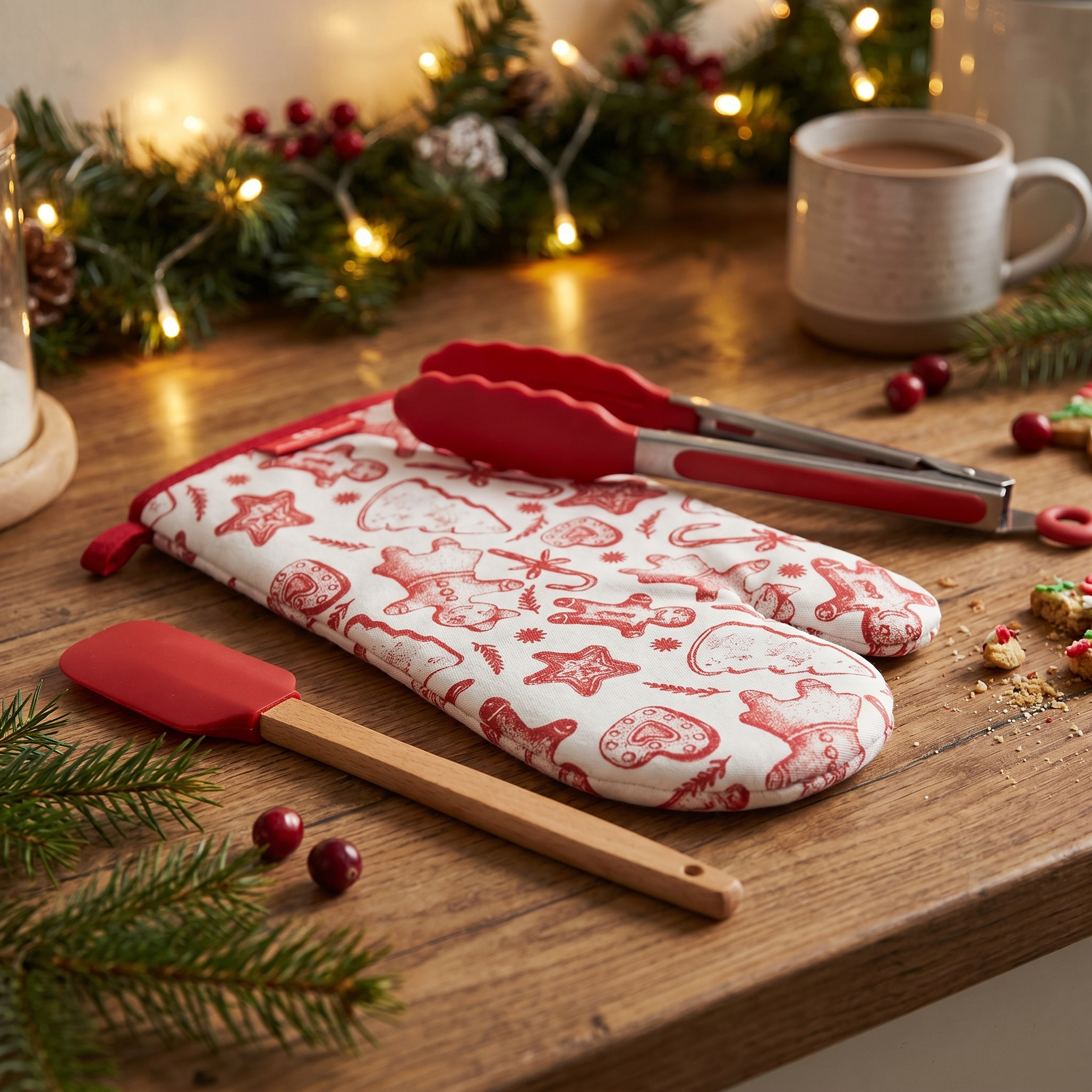 Ein rotes Back-Set im Weihnachts-Flair bestehend aus einem Teigschaber in mit einem Holzgriff, einer Zange mit Metallgriff und einem Backhandschuh in weiß mit roten weihnachtlichen Motiven, in der Küche auf einer Arbeitsfläche platziert