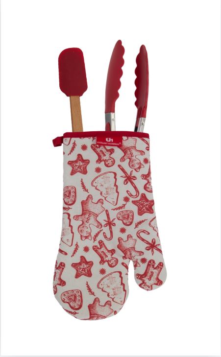 Ein rotes Back-Set im Weihnachts-Flair bestehend aus einem Teigschaber in mit einem Holzgriff, einer Zange mit Metallgriff und einem Backhandschuh in weiß mit roten weihnachtlichen Motiven