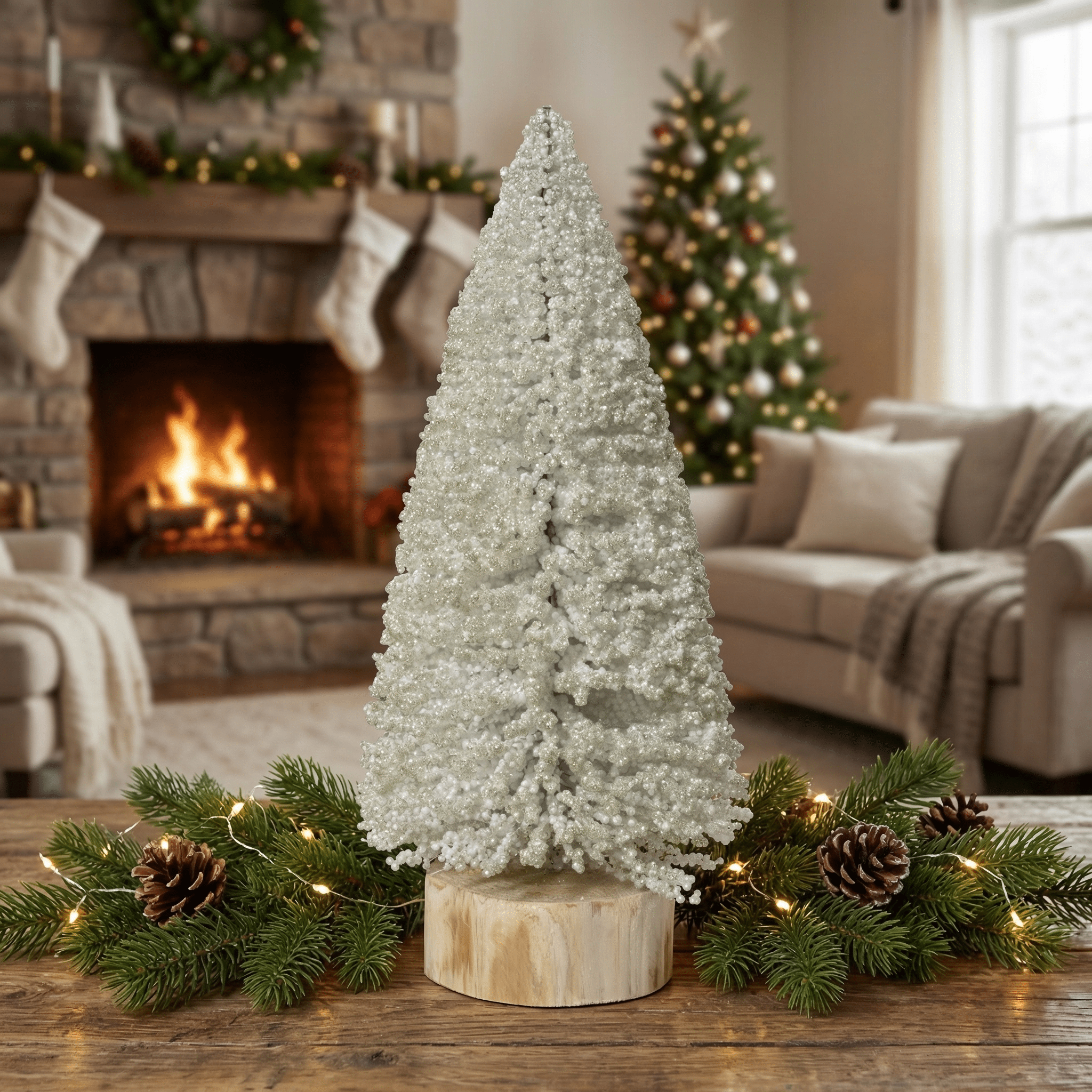 Tischdeko Deko-Tannenbaum Weiß Perlmutt Holzsockel 32 cm – Amiras Zauber