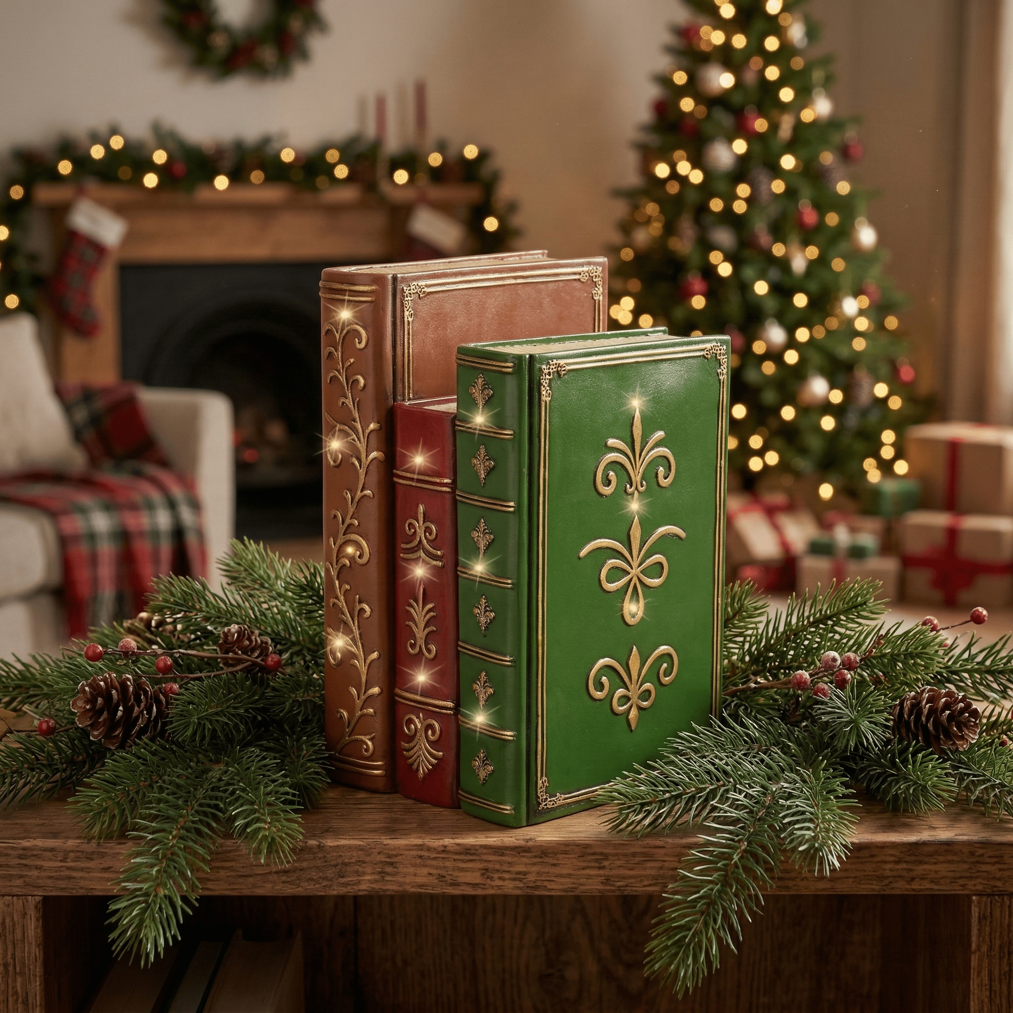 LED-Weihnachts-Dekobücher mit Goldprägung