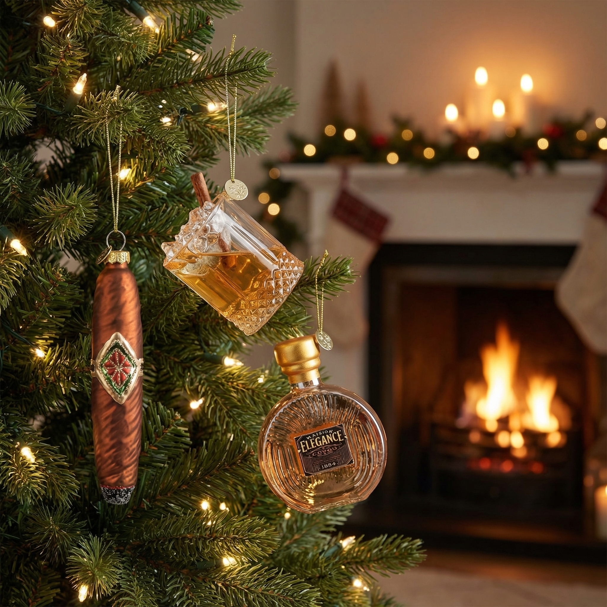 Baumschmuck Whiskey Anhänger Zigarre, Whiskeyglas und Flasche am Baum dekoriert