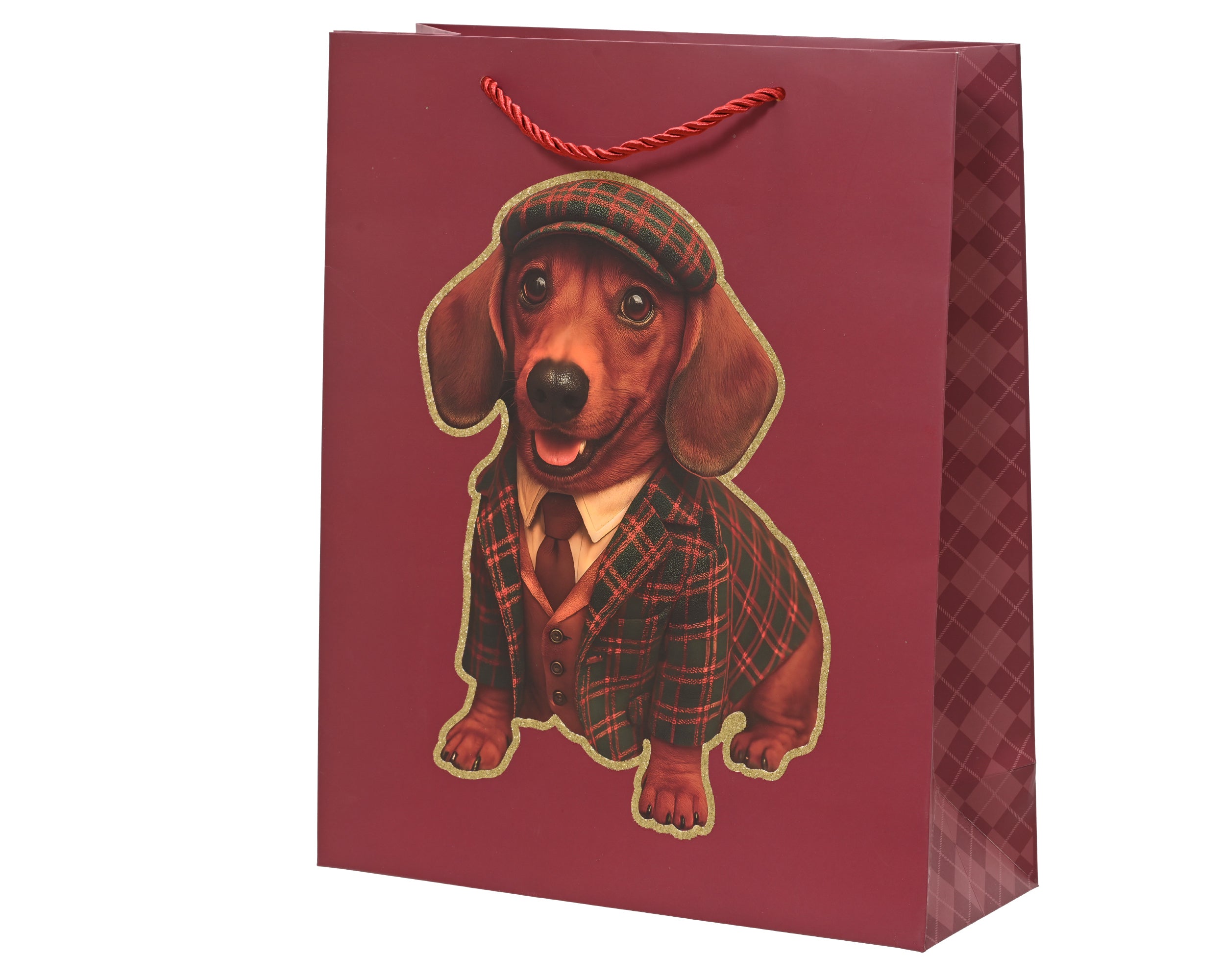Geschenktasche "Dackel", in Bordeaux und mit einem Dackel im Anzug auf der Geschenktasche, Größe 30 x 12 x 42 cm