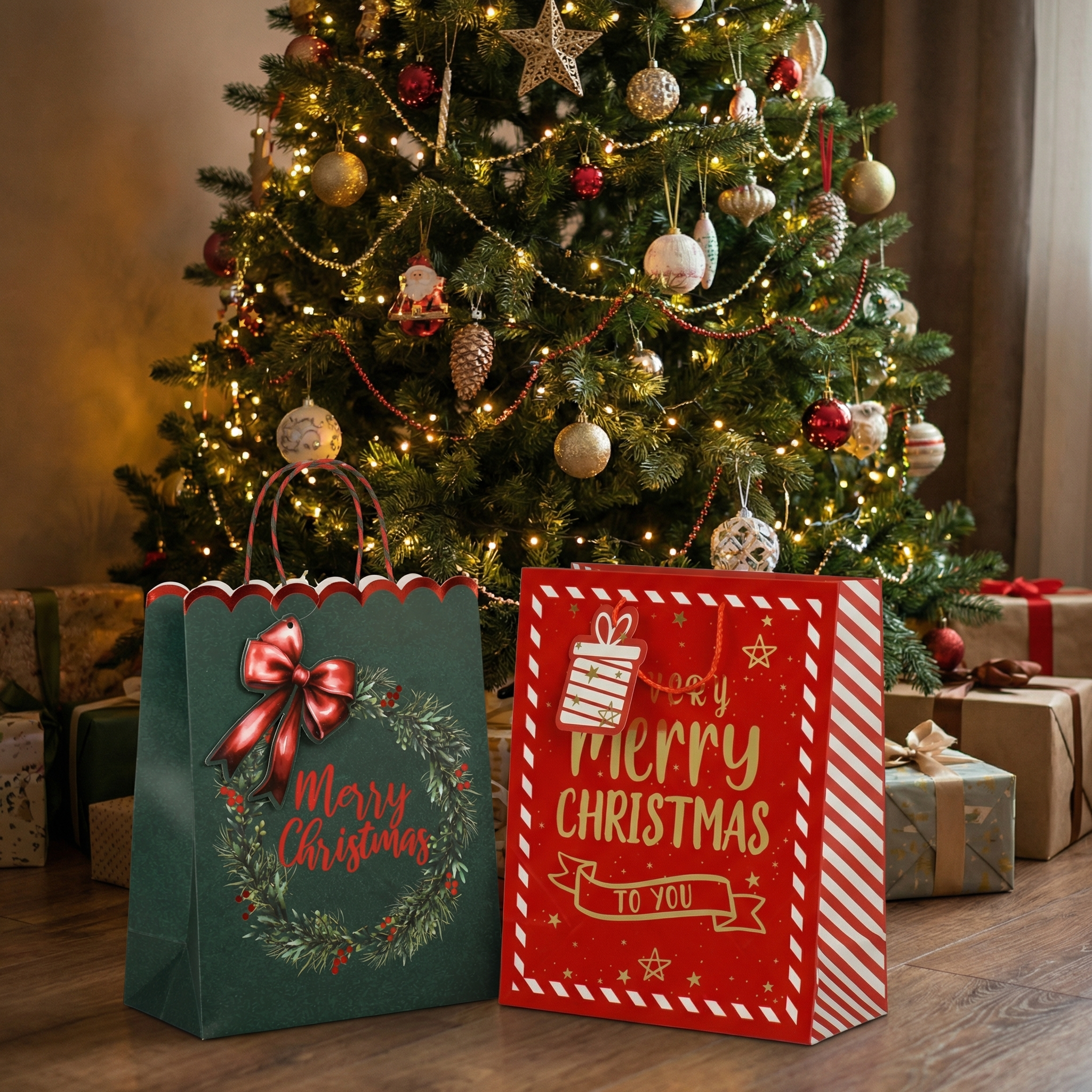 Geschenktasche "Merry Christmas" in grün mit roten Details, sowie die Geschenktasche "Merry Christmas" in rot mit weißen und goldenen Details nebeneinander stehend vor einem Tannenbaum