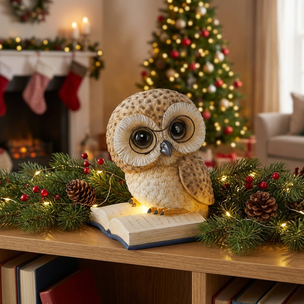 LED Deko Eule in Braun- und Weiß-Tönen gestaltet, die Eule sitzt auf einem Buch und hat eine Brille auf, Größe 18 x 21,5 x 24,5 cm, auf einem Bücherregal platziert