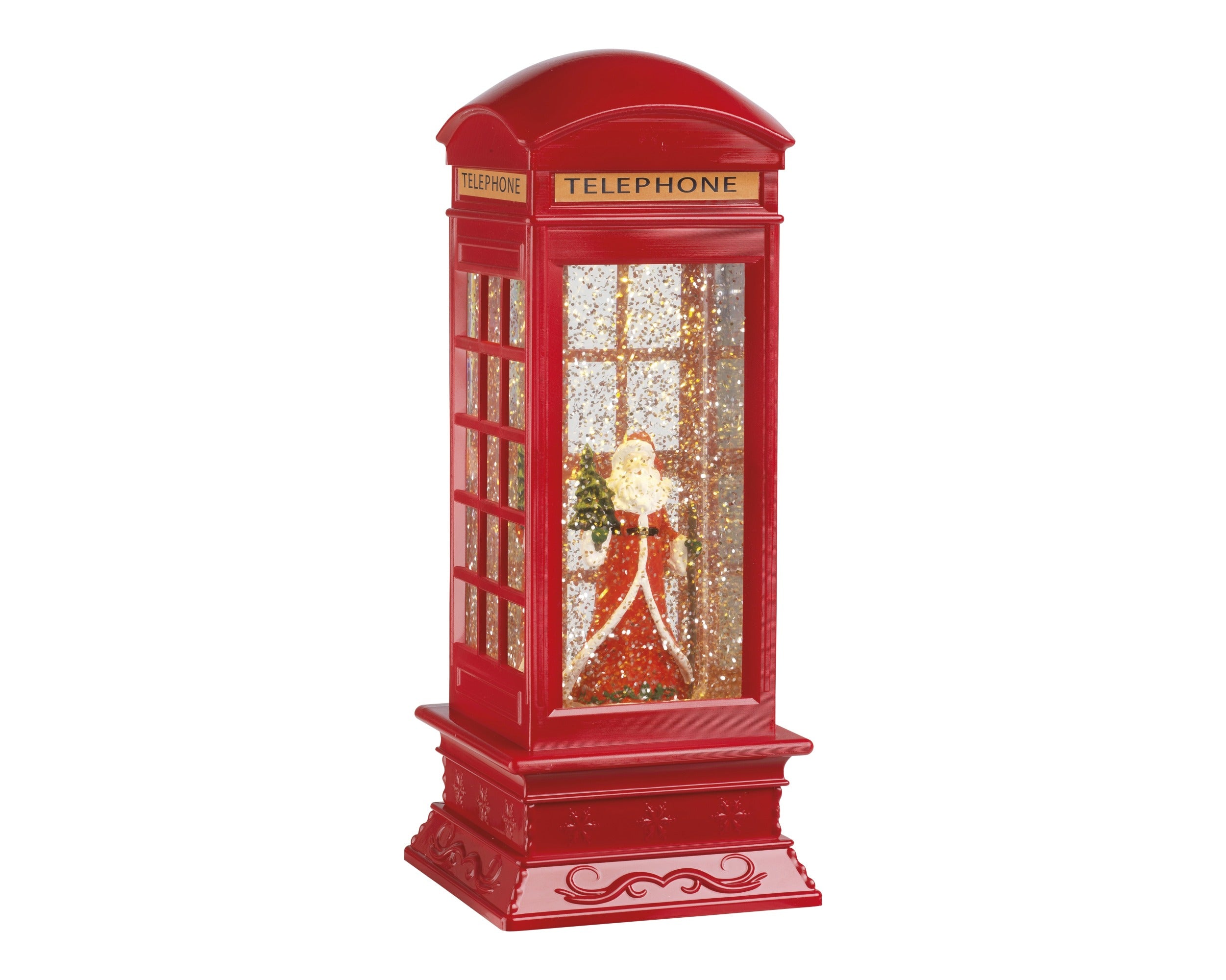 Winterzauber Telefonzelle in Rot mit Schneeeffekt und einem stehenden Weihnachtsmann in dieser, Größe 11 x 11 x 27 cm