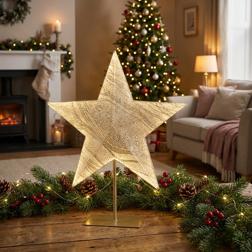 Weihnachtsstern mit LED Beleuchtung in einem Gold-Ton, in der großen Ausführung mit einer Größe 13 x 58 x 68 cm, platziert auf dem Tisch