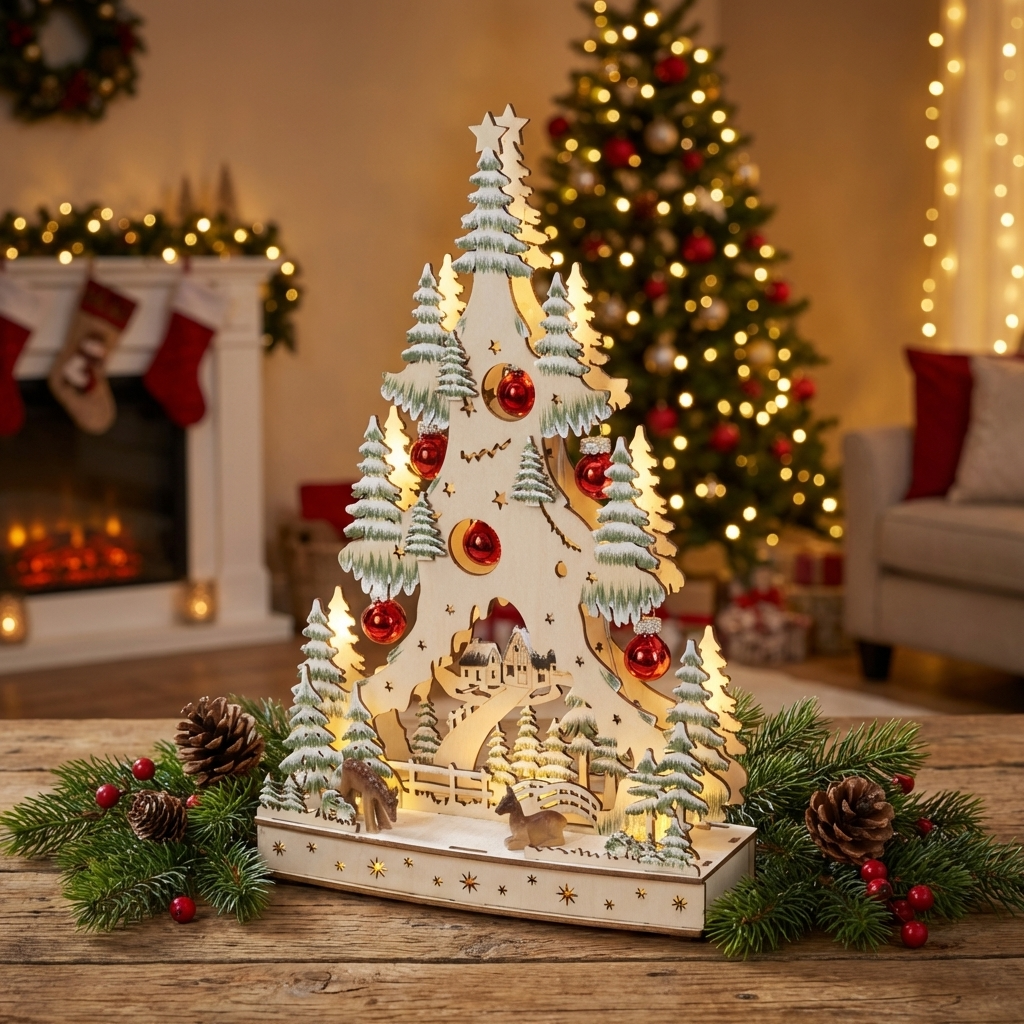 Deko-Weihnachtsbaum “Lichterfest” mit LED aus Holz und mit roten Kugeln, mehrere Farben, Größe 7,5 x 20 x 33,5 cm, auf dem Tisch platziert