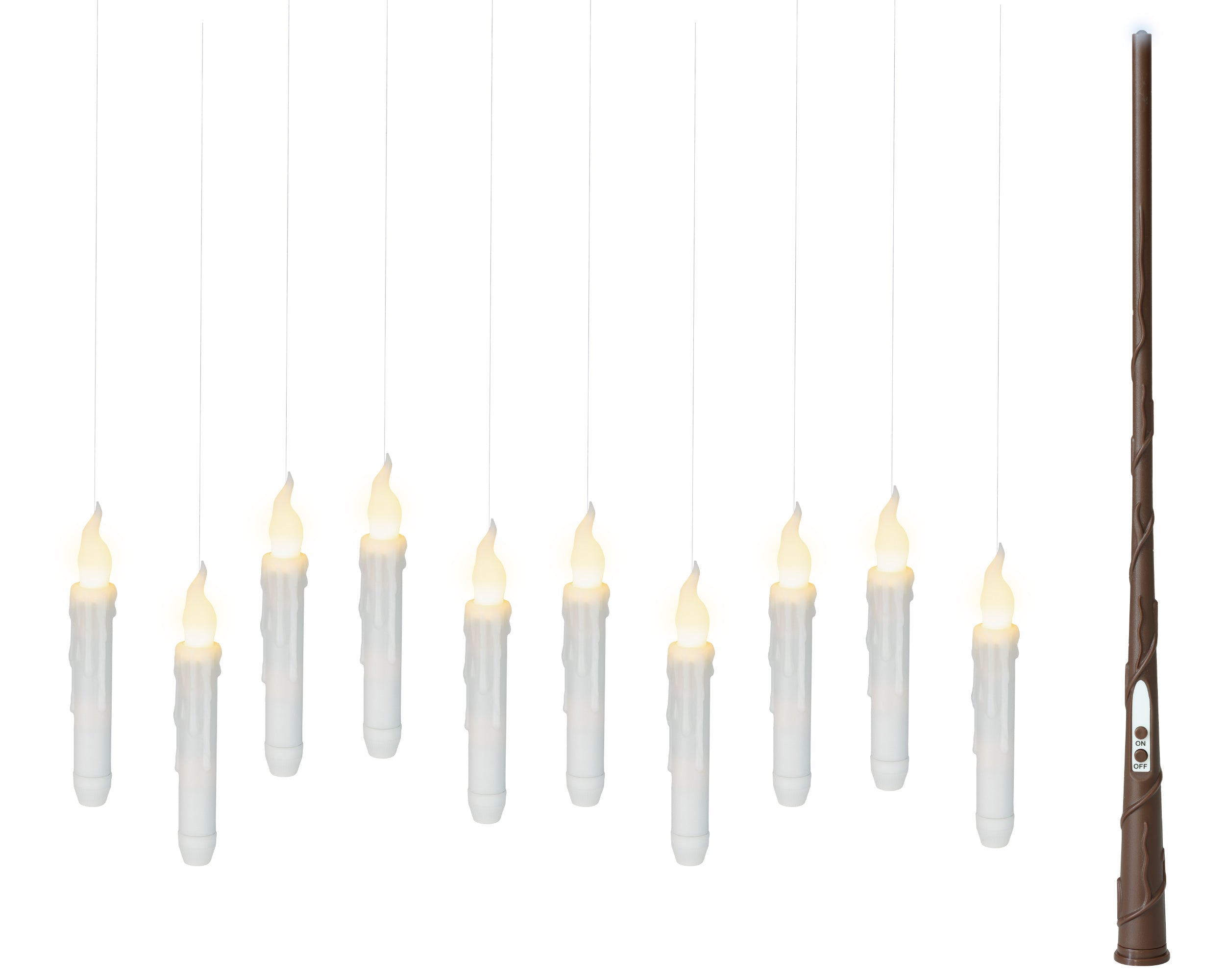Magische LED Kerzen in weiß zum aufhängen und mit zusätzlichem braunen Zauberstab zum an- und ausmachen der Kerzen, Größe 17 x 2,5 cm