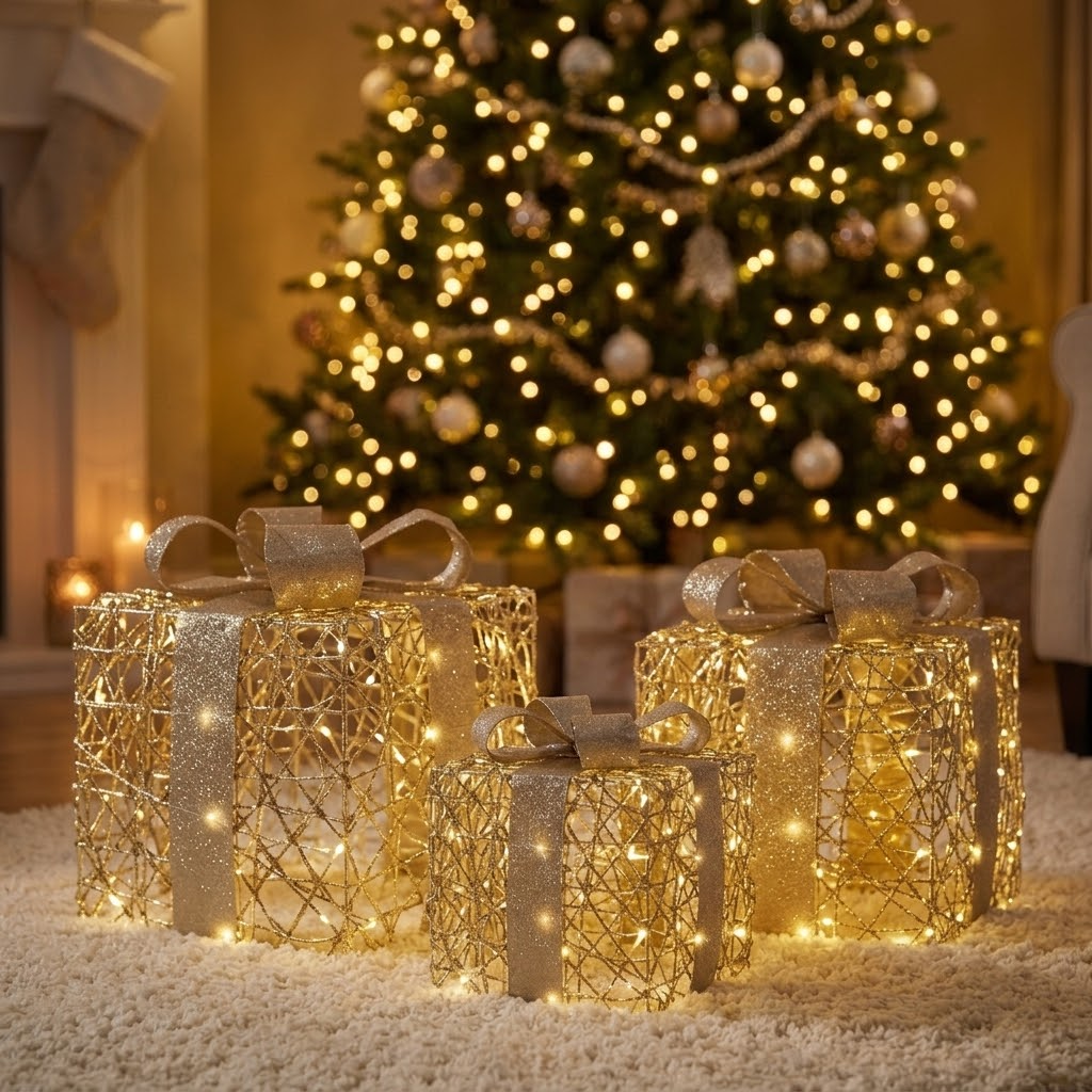 3er-Set LED Geschenkboxen in Gold, Größe 25 x 25 x 30 cm, in 3 unterschiedlichen Höhen, im Wohnzimmer platziert