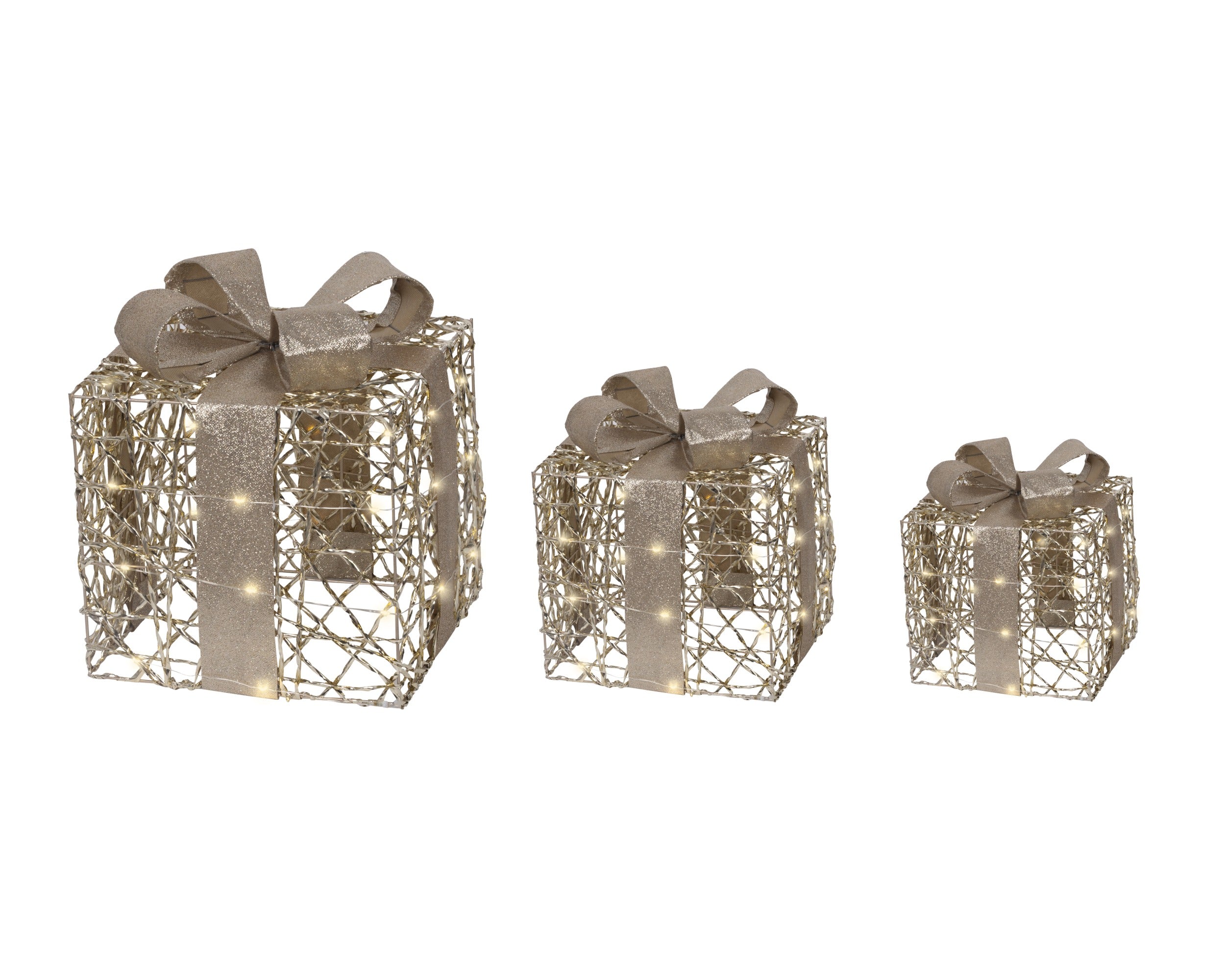 3er-Set LED Geschenkboxen in Gold, Größe 25 x 25 x 30 cm, in 3 unterschiedlichen Höhen