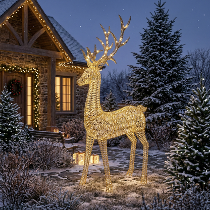 LED Rentier Weihnachtszauber outdoor groß, Farbe Gold, Größe 43 x 110 x 270 cm, stehend und leuchtend im Garten