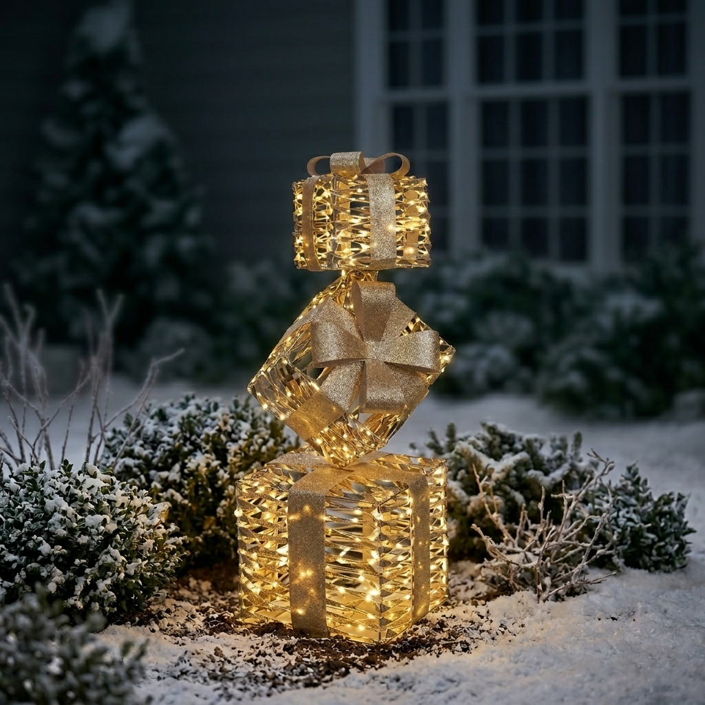 Deko Geschenketurm mit LED, in goldenem Ton, für Outdoor geeignet, Größe 25 x 25 x 73 cm, im Garten platziert
