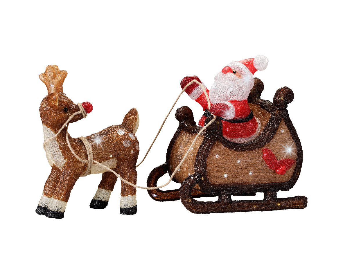 LED Deko Figur Zauberhafte Schlittenfahrt, Weihnachtsmann im Schlitten und Rudolf dem Rentier, alles in Braun-Tönen, sowie rot- und weißen Details, Größe 82,5 x 33 x 47 cm