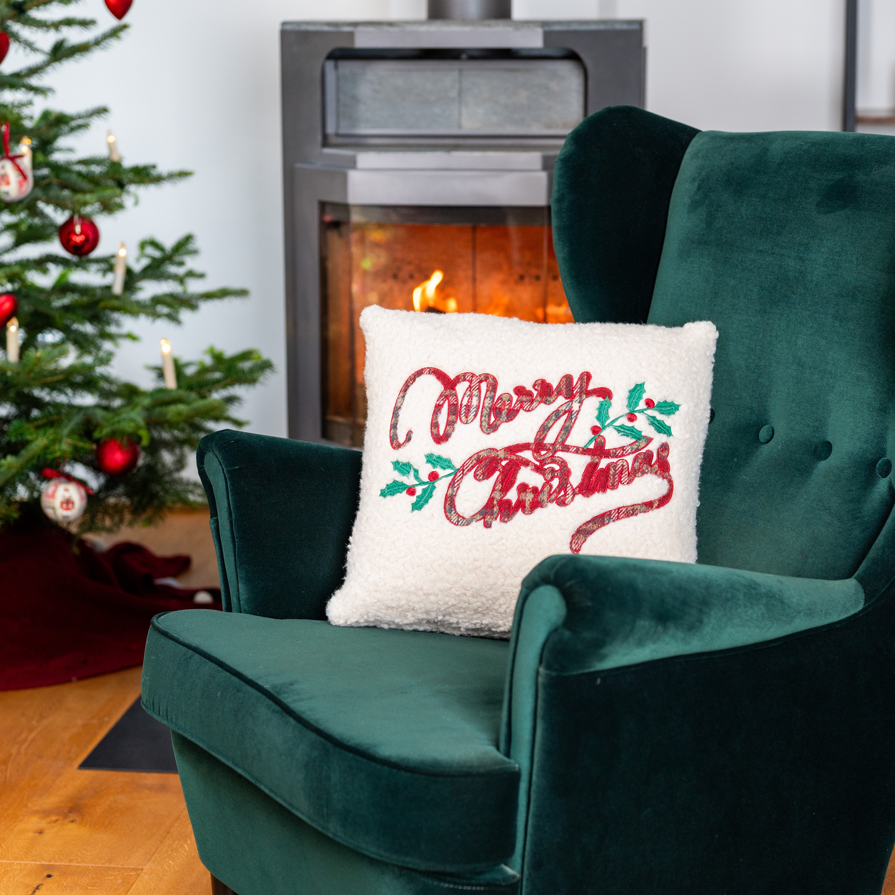 Weihnachts-Dekokissen „Merry Christmas" (Weiß)