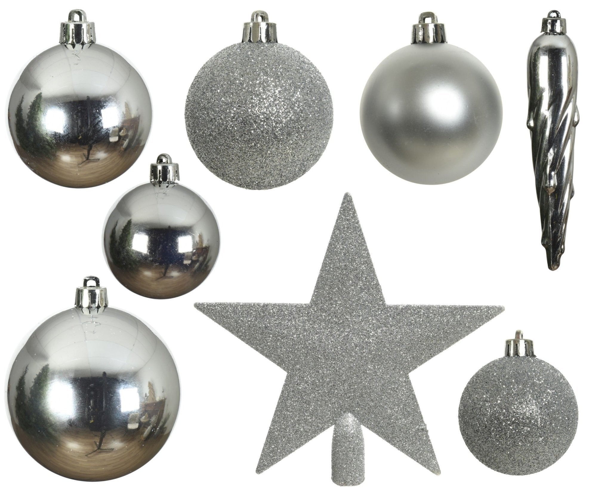 Christbaumkollektion silber 33tlg. (Ø 8 cm) incl. Spitze (Ø 19 cm) - Amiras Zauber