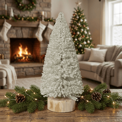 [KI] Deko - Tannenbaum weiß/perlmutt auf Holzsockel groß (32 cm) - Amiras Zauber