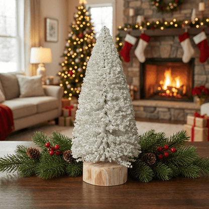 [KI] Deko - Tannenbaum weiß/perlmutt auf Holzsockel klein (24 cm) - Amiras Zauber