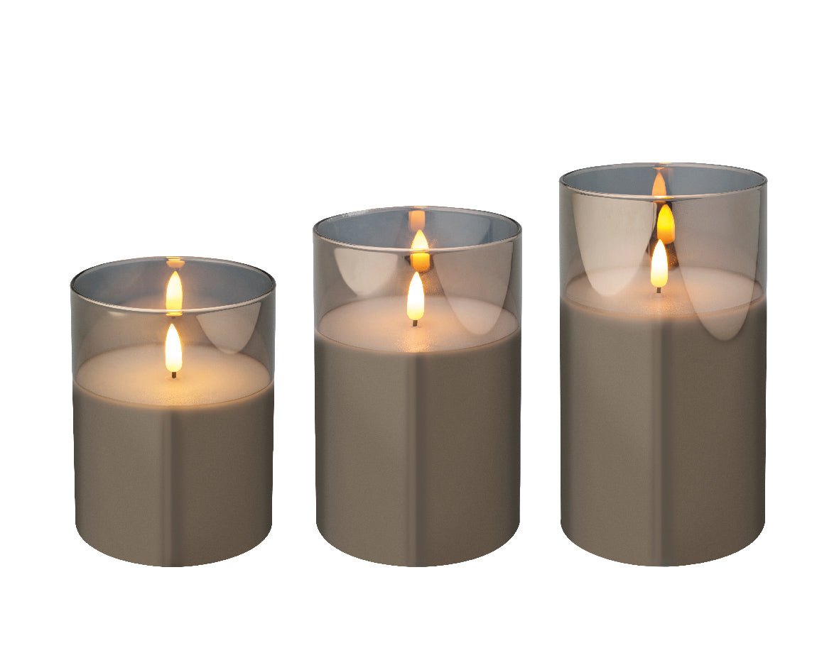 LED Kerzen 3er Set im Glas rauchgrau (10 cm, 13 cm, 17,5 cm) - Amiras Zauber