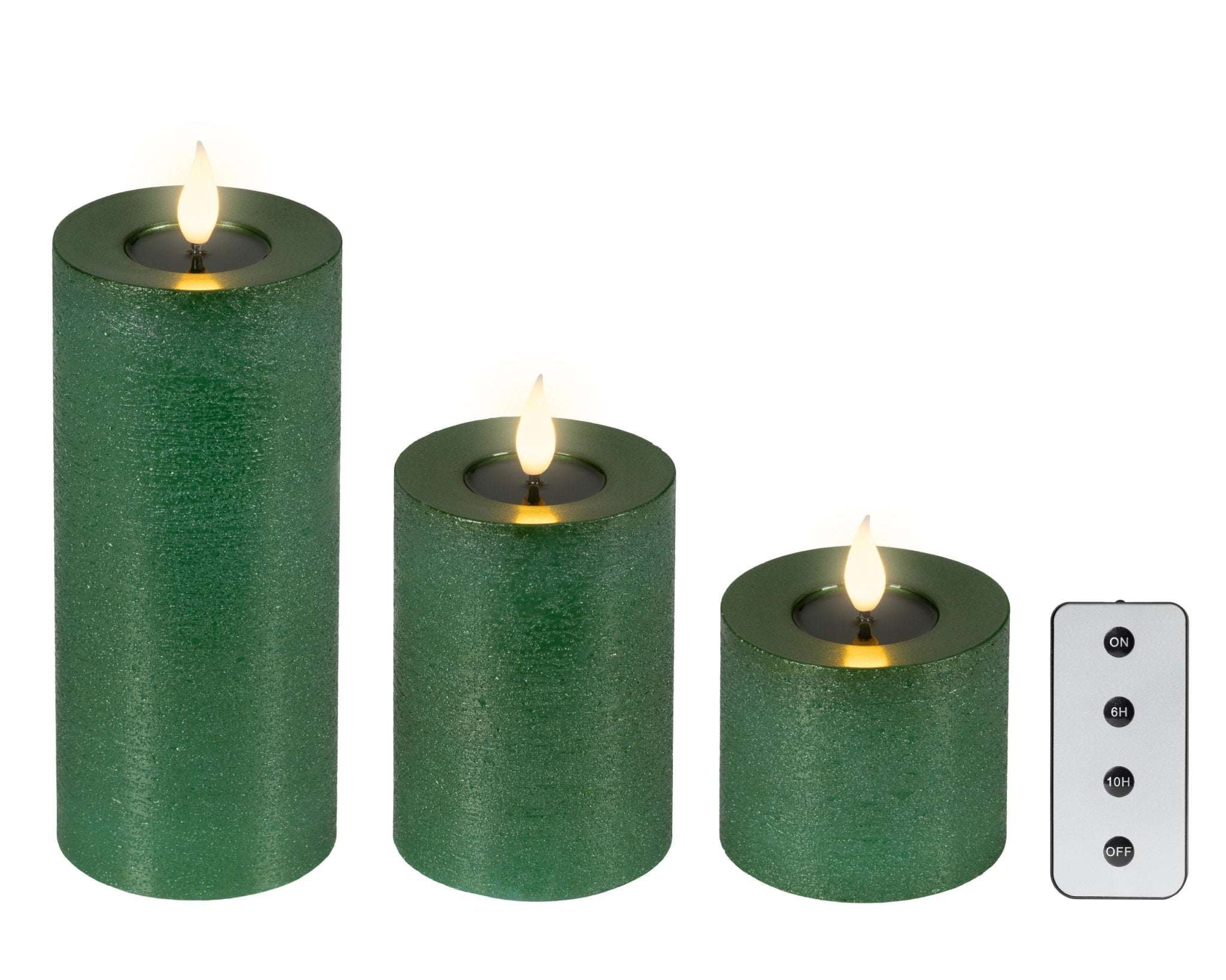 LED Kerzen 3er Set in Wachsoptik grün (20cm, 12,5cm, 7,5cm) indoor - Amiras Zauber