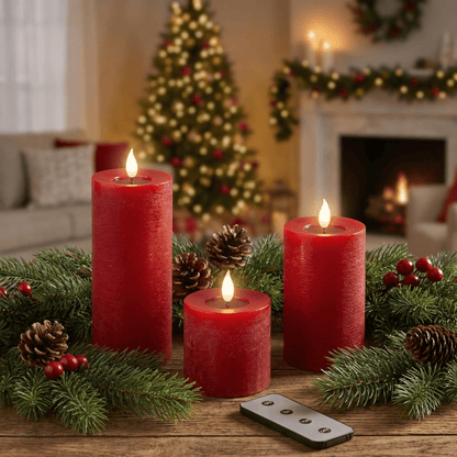 [KI] LED Kerzen 3er Set in Wachsoptik rot (20 cm, 12,5 cm, 7,5 cm) indoor - Amiras Zauber