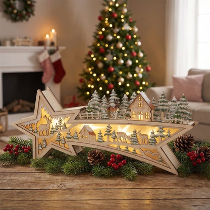 [KI] LED Leuchtstern Winterlandschaft Holz - Mix (5,5cm x 43,5 x 18cm) - Amiras Zauber