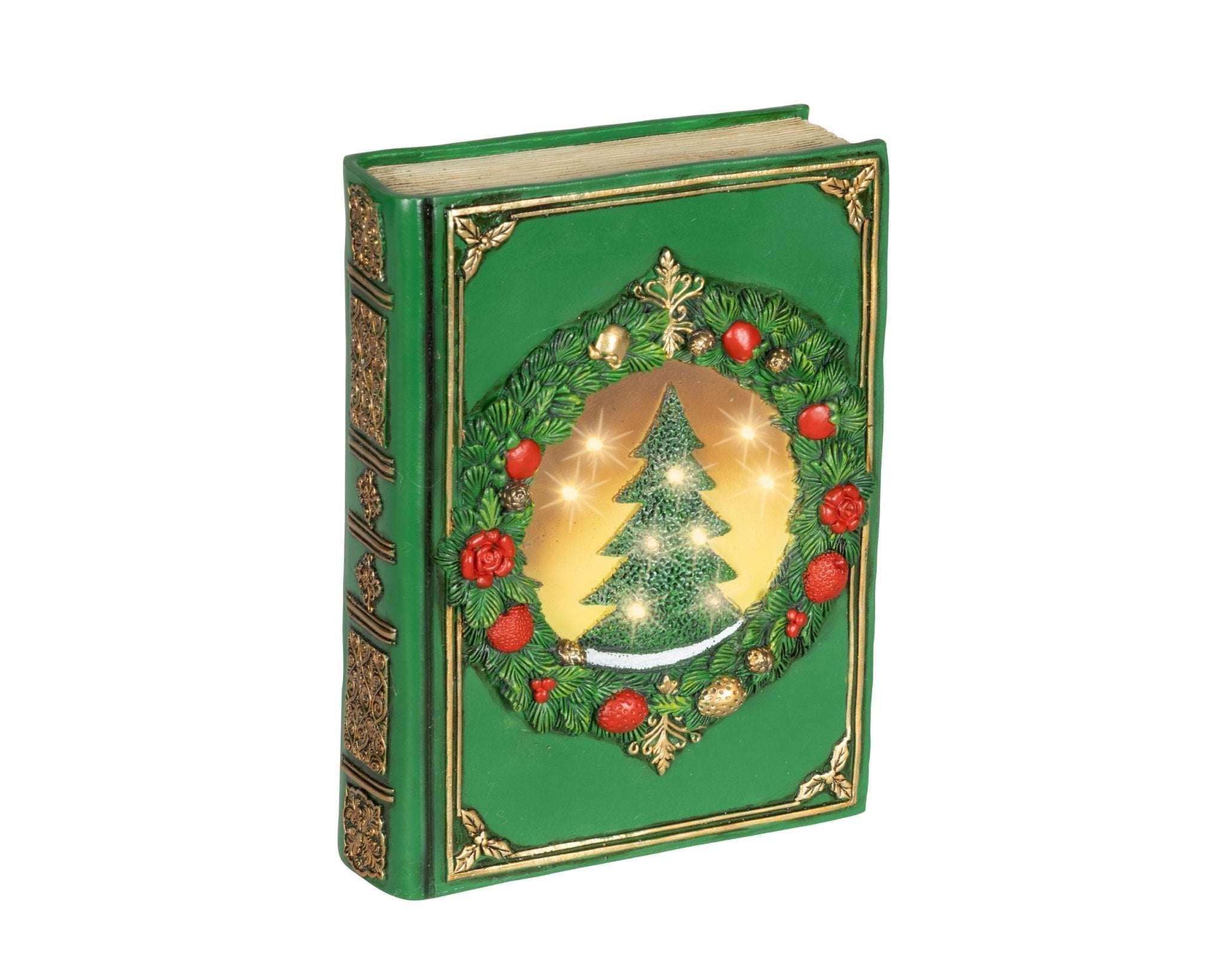 LED Weihnachts-Dekobuch grün mit Goldprägung (6,5 x 16,5 x 22 cm) - Amiras Zauber