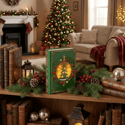 [KI] LED Weihnachts - Dekobuch grün mit Goldprägung (6,5 x 16,5 x 22 cm) - Amiras Zauber