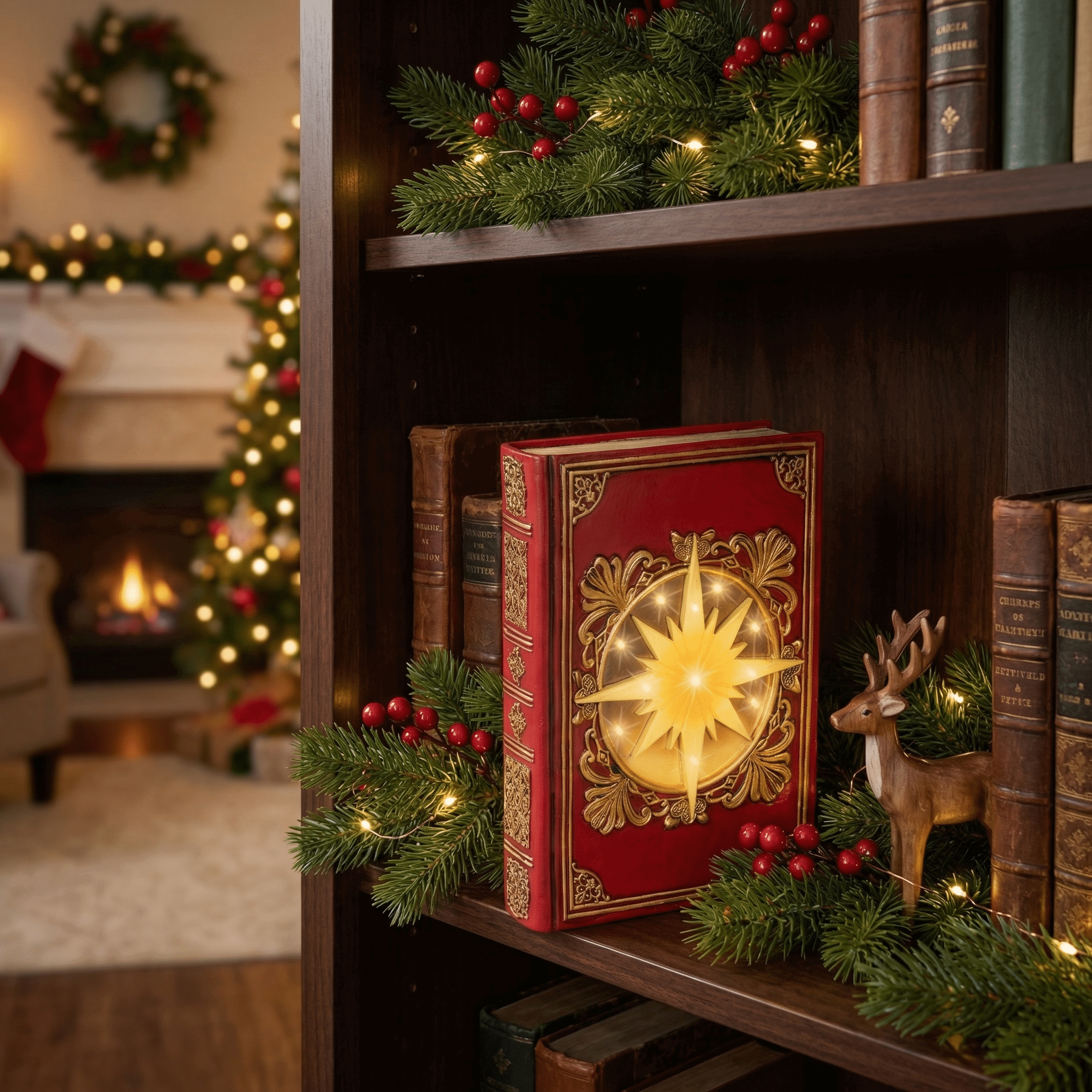 [KI] LED Weihnachts-Dekobuch rot mit Goldprägung (6,5 x 16,5 x 22 cm) - Amiras Zauber