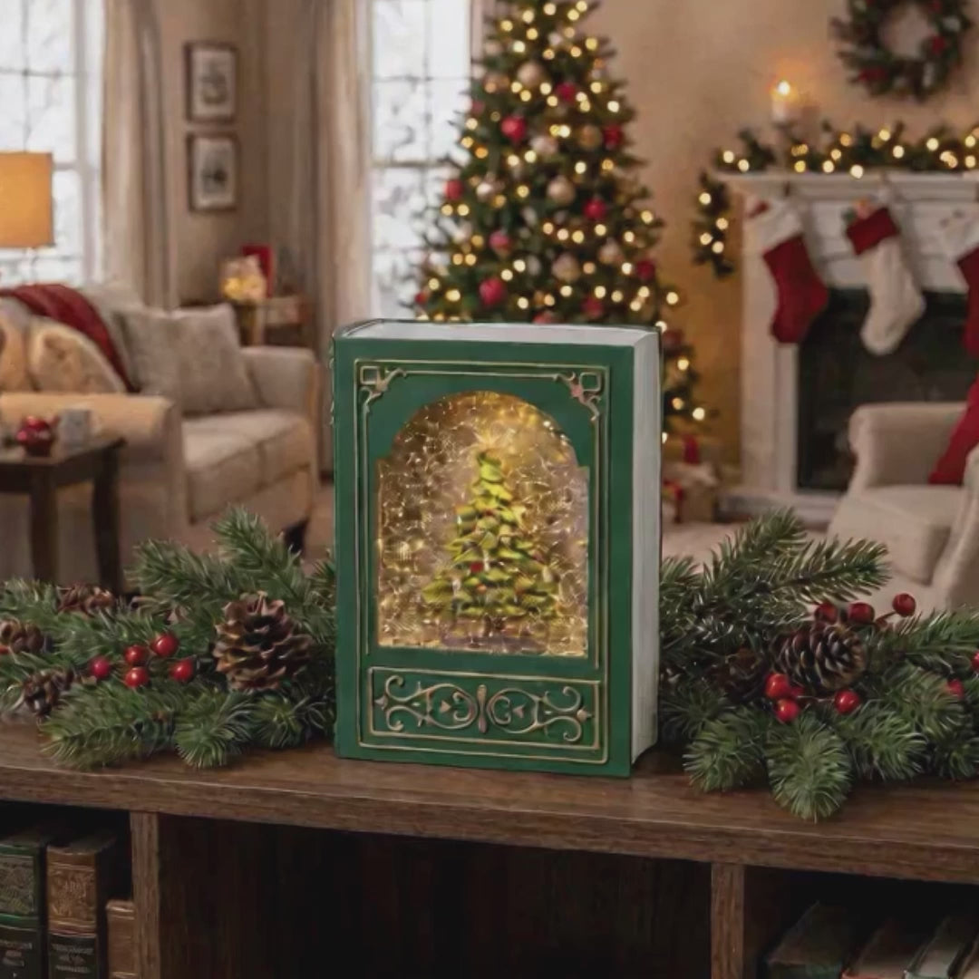 LED-Weihnachts-Dekobuch mit zauberhaft glitzerndem Schneeeffekt und Musik (23,5 x 17 x 7 cm)