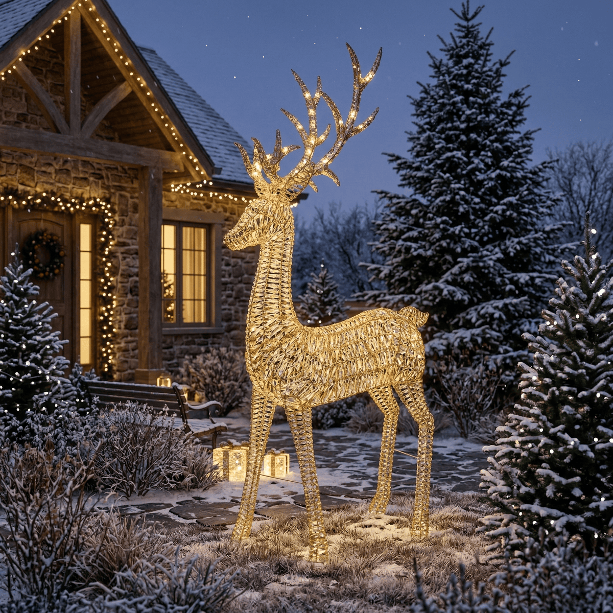 Video laden: [KI] Luxuriöses LED Rentier XL gold outdoor (43 x 110 x 270 cm) - Amiras Zauber